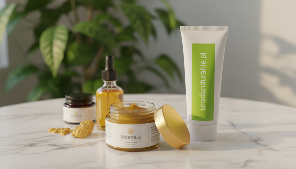 A visually appealing arrangement of different forms of propolis skincare products, including a cream, an ointment, a gel, and an extract bottle, all elegantly displayed on a clean marble surface. The foreground features the cream in a glass jar, its lid slightly open to reveal a rich texture. Beside it, a sleek, modern tube of gel with a vibrant label from "urodanaturalnie.pl" catches the light. In the middle, a small glass container holds a golden, viscous propolis extract with natural honeycomb elements nearby to emphasize its organic nature. The background softly blurs, featuring a hint of green leaves for an earthy, fresh atmosphere. The lighting is warm and inviting, highlighting the products' textures. The overall mood feels serene and professional, perfect for a skincare article.