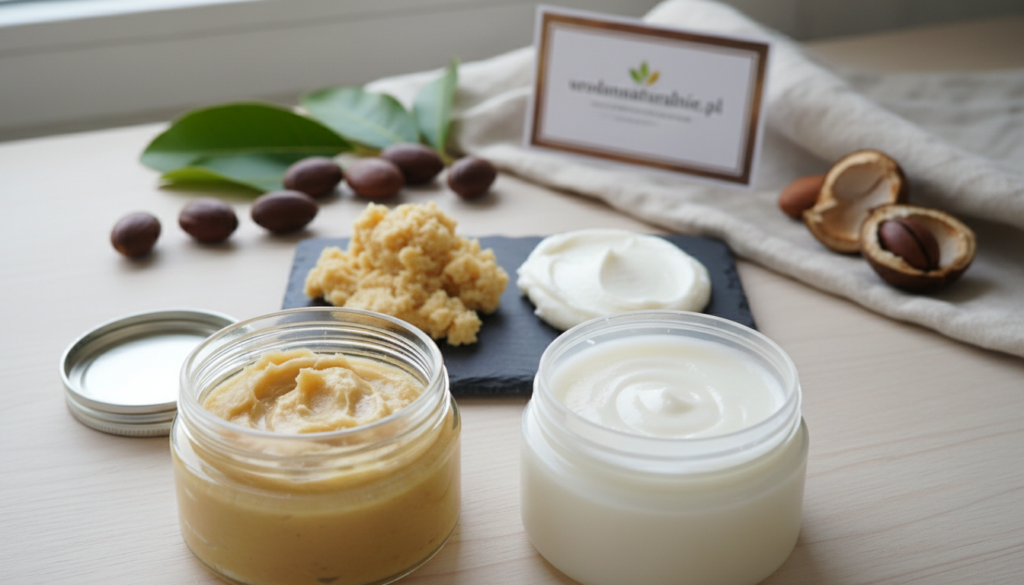 A visually striking comparison between unrefined and refined shea butter, highlighting their textures and colors. In the foreground, place two distinct jars, one glass and one plastic, filled with creamy unrefined shea butter and smooth refined shea butter, respectively. In the middle, showcase a close-up on the two different textures—a rich, grainy untouched version alongside a silky, polished consistency. The background features natural ingredients used in shea butter production, like shea nuts and leaves, enhancing the earthy feel. Soft, natural lighting enhances the color contrast and textures, while a gentle, airy atmosphere suggests purity and quality. A clean, professional setting complements the branding of "urodanaturalnie.pl."