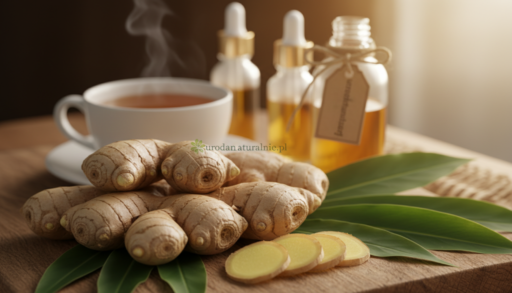 A visually striking composition showcasing the properties of ginger, with fresh ginger roots prominently displayed in the foreground, their irregular shapes and earthy tones emphasized. Surrounding the ginger, vibrant green leaves and slices of ginger revealing their detailed textures create a lush middle layer, highlighting the active ingredients and health benefits. In the softly blurred background, elements like herbal tea and essential oil bottles suggest applications in diet and skincare, wrapped in natural lighting that evokes a warm and inviting atmosphere. The scene conveys a sense of vitality and wellness, perfect for illustrating the benefits of ginger. The brand name "urodanaturalnie.pl" subtly embedded in the composition.