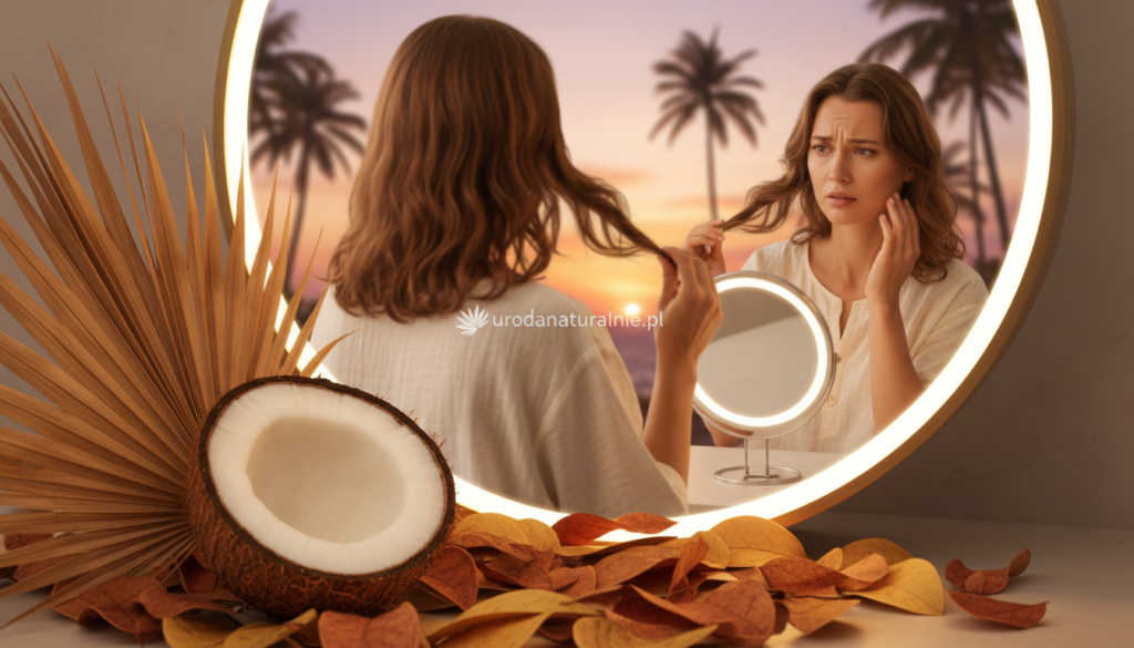 A visually striking image depicting the theme of "when coconut oil can be harmful." In the foreground, feature a close-up of a coconut half, revealing its textured flesh, surrounded by dried plant leaves. In the middle ground, a concerned individual examines their hair and skin in a soft-lit vanity mirror, wearing modest casual clothing. Their expression reflects questioning and doubt. In the background, a blurred tropical setting with palm trees hinting at the oil's origin, contrasting with the foreground's concern. Soft, warm lighting enhances the natural beauty while casting gentle shadows, creating a contemplative mood. The overall atmosphere is enlightening and thought-provoking, inviting viewers to consider the nuanced effects of coconut oil. Include the brand name "urodanaturalnie.pl" subtly integrated within the foliage.