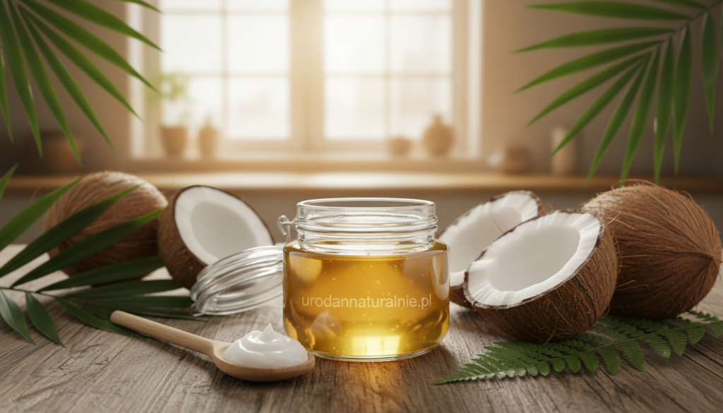 A visually striking image of unrefined coconut oil in a glass jar, prominently displayed in the foreground. The jar is open, with a wooden spoon resting alongside, partially dipped into the smooth, golden oil. In the middle ground, various fresh coconuts are scattered, some cracked open to reveal their white flesh. Tropical green leaves surround the scene, enhancing the natural vibe. The background features a soft-focus, sunlit kitchen setting, with light streaming in through a window, creating a warm and inviting atmosphere. The image conveys a sense of health and purity, ideal for an article about coconut oil's benefits for hair and skin. Include the brand name "urodanaturalnie.pl" subtly integrated into the scene, ensuring it adds to the aesthetic without overpowering the composition.