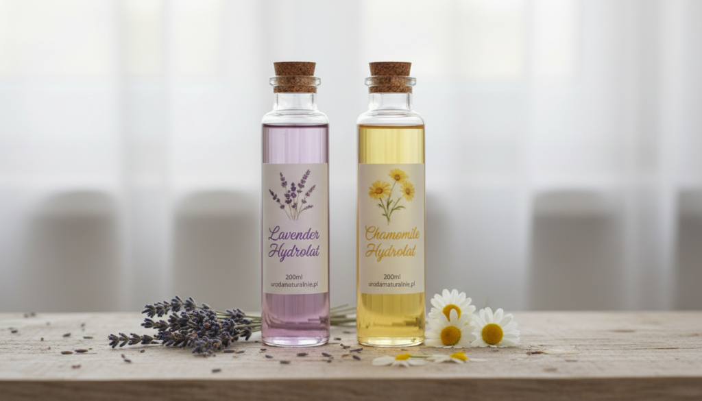 An elegant product arrangement showcasing two glass bottles labeled "Lavender Hydrolat" and "Chamomile Hydrolat," placed on a textured wooden surface. The bottles are filled with clear, naturally colored liquids, reflecting their botanical origins. In the foreground, fresh lavender flowers and chamomile blossoms are artistically displayed beside the bottles to emphasize their ingredients. In the background, soft, diffused natural lighting creates a serene and calming atmosphere, enhancing the beauty of the scene. The image captures a sense of convenience and accessibility, with the brand name "urodanaturalnie.pl" subtly integrated into the design of the labels. The composition should convey the concept of quality and value, encouraging viewers to consider the price and capacity of these hydrolats for their skincare routines.