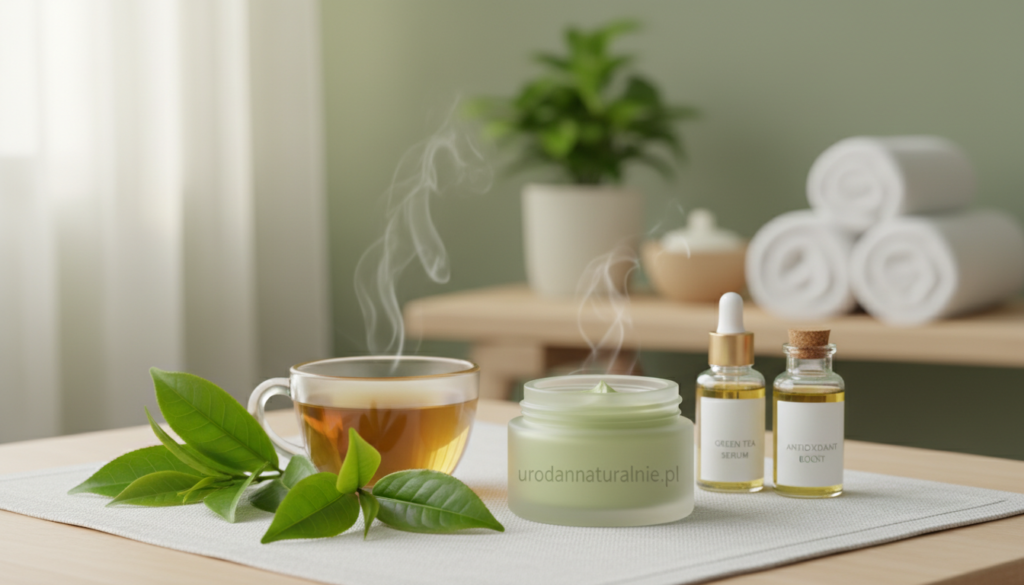 An elegant skincare setup featuring green tea prominently, with fresh green tea leaves and a steaming cup of brewed green tea in the foreground. The middle layer includes a luxurious, natural skincare cream infused with green tea, placed next to delicate glass jars adorned with minimalistic labels. The background showcases a soft-focus spa environment with calming green and white tones, creating a serene atmosphere. Soft, natural lighting enhances the freshness of the scene, reminiscent of a sunny afternoon. The composition conveys tranquility and the effectiveness of green tea for skin care. Include the brand name "urodanaturalnie.pl" subtly integrated into the design.