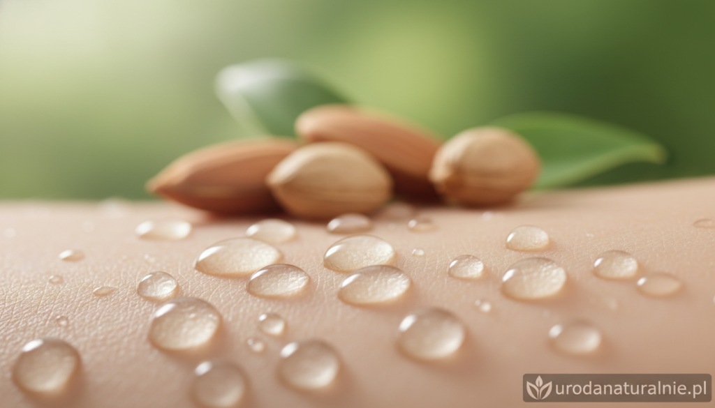 Close-up of glistening, clear sebum droplets on smooth, healthy skin, highlighting the natural oil's texture and sheen. In the foreground, focus on the droplets reflecting light, showcasing their viscous nature. The middle ground features a faint outline of almond and jojoba seeds, subtly suggesting the source of this beneficial oil. The background is softly blurred with a hint of greenery, evoking a sense of natural purity and tranquility. Soft, diffused lighting creates an inviting atmosphere, perfect for illustrating the skin's luminous quality. Use a macro lens effect to capture intricate details, emphasizing the skin's radiance. This image for urodanaturalnie.pl should resonate with those seeking natural skincare solutions.