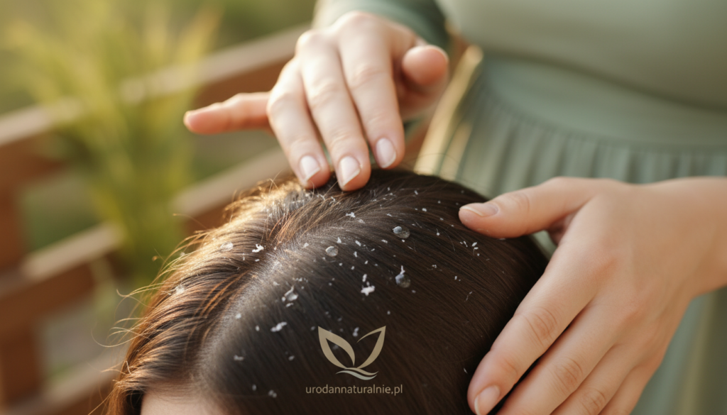 Close-up view of a healthy scalp with visible hair follicles and dandruff being gently examined. The foreground includes a part of the scalp, showcasing tiny flakes of dandruff and a few drops of coconut oil glistening on the skin, reflecting light. In the middle ground, a hand wearing a professional, modest dress is applying coconut oil to the scalp, emphasizing a nurturing approach. The background is softly blurred, suggesting a serene and natural environment, possibly with a hint of green foliage to convey a sense of health and nature. The lighting is warm and inviting, illuminating the textures of the skin and hair. The image should evoke a sense of care and nourishment, suitable for a wellness context, with the brand name "urodanaturalnie.pl" subtly integrated into the scene without any visible text.