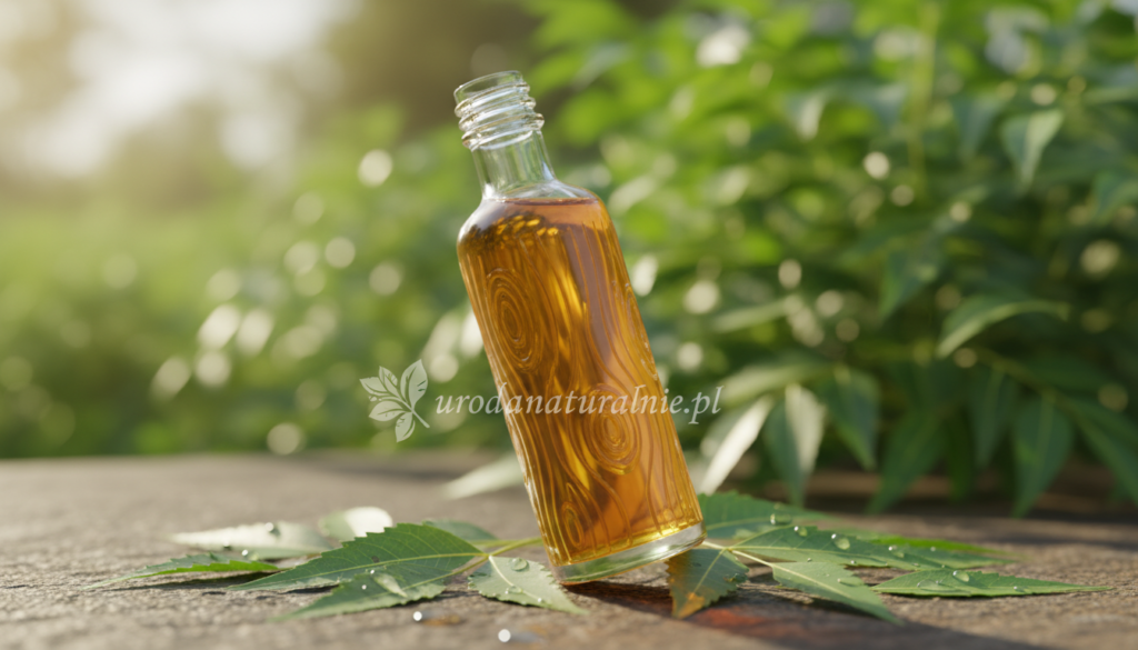 Foreground: A sleek, elegant bottle of neem oil positioned at a slight angle, showcasing its rich, amber hue. The bottle is adorned with subtle, natural textures representative of organic products. Middle: A scattering of neem leaves around the bottle, emphasizing the source of the oil, with droplets of neem oil glistening on the leaves. Background: A softly blurred herbal garden setting, filled with lush greenery and sunlight streaming through, creating a calm and inviting atmosphere. Lighting: Warm, natural light to enhance the organic feel, with a focus on illuminating the bottle and leaves. Mood: Soothing and refreshing, reflecting the healing properties of neem oil. Include the brand name "urodanaturalnie.pl" discreetly on the bottle label. Foreground: A sleek, elegant bottle of neem oil positioned at a slight angle, showcasing its rich, amber hue. The bottle is adorned with subtle, natural textures representative of organic products. Middle: A scattering of neem leaves around the bottle, emphasizing the source of the oil, with droplets of neem oil glistening on the leaves. Background: A softly blurred herbal garden setting, filled with lush greenery and sunlight streaming through, creating a calm and inviting atmosphere. Lighting: Warm, natural light to enhance the organic feel, with a focus on illuminating the bottle and leaves. Mood: Soothing and refreshing, reflecting the healing properties of neem oil. Include the brand name "urodanaturalnie.pl" discreetly on the bottle label.