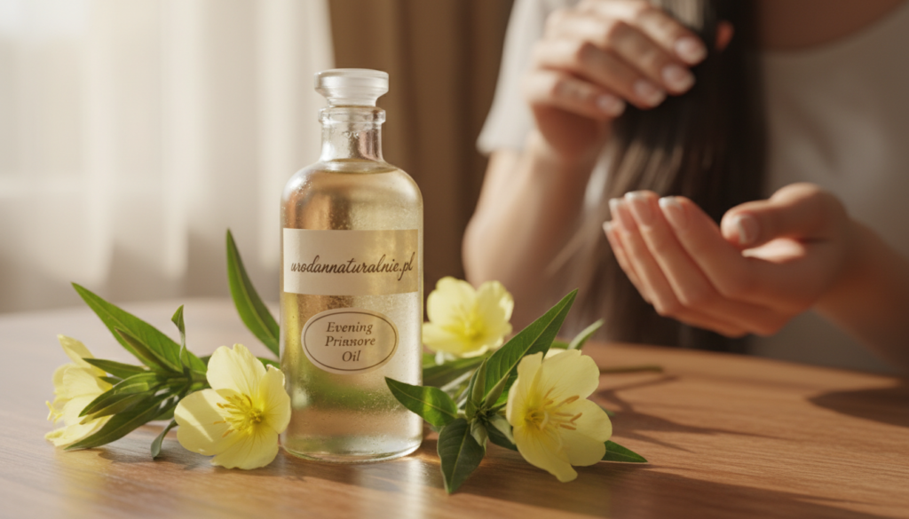 In a serene, softly lit indoor setting, capture a close-up of a glass bottle of evening primrose oil (olej wiesiołka) on a natural wooden surface. Highlight the texture of the bottle with a touch of elegance, featuring delicate labels that read "urodanaturalnie.pl". Surround the bottle with fresh evening primrose flowers and sprigs of green leaves, emphasizing their vibrant colors. In the background, a softly blurred image of a woman's hand, elegantly manicured, gently applies the oil to her hair and nails, conveying a sense of luxury and self-care. Use warm natural lighting to create a calming and inviting atmosphere, focusing on the beauty and benefits of the oil for hair and nails without distractions or text overlays. Aim for a depth of field that softly blurs the background while keeping the foreground crisp and engaging.