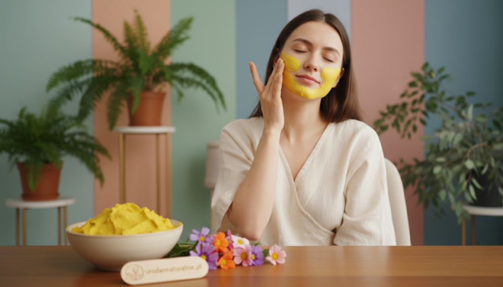 In a serene spa setting, a vibrant yellow clay is showcased prominently in the foreground, its rich texture glistening under soft, warm lighting. Next to the clay, there are delicate, colorful flowers symbolizing natural beauty and rejuvenation. In the middle ground, a serene woman with a calm expression, dressed in modest casual clothing, gently applies the yellow clay mask to her skin, embodying a sense of relaxation and self-care. The background features a softly blurred interior of a wellness center, adorned with soothing plants and pastel-colored decor, enhancing the tranquil atmosphere. The overall mood is one of tranquility and rejuvenation, emphasizing the benefits of yellow clay for skin respiratory and changes. Branding element "urodanaturalnie.pl" is subtly incorporated into the overall scene without being intrusive. In a serene spa setting, a vibrant yellow clay is showcased prominently in the foreground, its rich texture glistening under soft, warm lighting. Next to the clay, there are delicate, colorful flowers symbolizing natural beauty and rejuvenation. In the middle ground, a serene woman with a calm expression, dressed in modest casual clothing, gently applies the yellow clay mask to her skin, embodying a sense of relaxation and self-care. The background features a softly blurred interior of a wellness center, adorned with soothing plants and pastel-colored decor, enhancing the tranquil atmosphere. The overall mood is one of tranquility and rejuvenation, emphasizing the benefits of yellow clay for skin respiratory and changes. Branding element "urodanaturalnie.pl" is subtly incorporated into the overall scene without being intrusive.