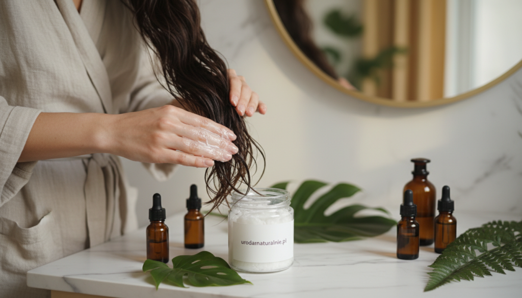In a serene, well-lit bathroom setting, a glass jar of coconut oil labeled "urodanaturalnie.pl" sits prominently on a marble counter, surrounded by lush green leaves and small bottles of essential oils. In the foreground, a pair of hands gently applies coconut oil to a strand of shiny, healthy hair, showcasing the rich texture of the oil as it glistens in the soft, warm light. The person's attire is modest, capturing a sense of tranquility and self-care. In the background, a soft-focus mirror reflects the peaceful ambiance, hints of natural elements, and warm hues, creating an inviting atmosphere. The overall mood is calm and nurturing, resonating with the theme of beauty and care associated with coconut oil for hair and skin.