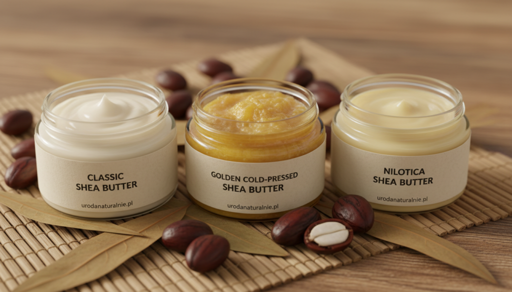 In a well-lit setting, showcase three distinct types of shea butter: classic, golden cold-pressed, and Nilotica. In the foreground, place open jars of each type, displaying their creamy textures and natural colors, with labels indicating their unique qualities. In the middle ground, include fresh shea nuts and leaves, elegantly arranged to emphasize the source of the butter. The background should feature a soft, blurred wood surface, suggesting an organic and earthy atmosphere. Use warm, natural lighting to highlight the buttery sheen of the shea products, creating a tranquil and inviting mood. Capture this still-life composition from a slightly elevated angle to provide depth while ensuring the scene is clean, professional, and free of any text overlays or watermarks. Include branding subtly, integrating "urodanaturalnie.pl" as part of the scene.