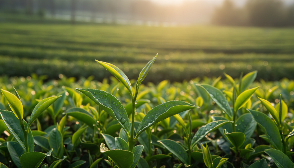 Lush green tea leaves delicately unfurling, showcasing their rich texture and vibrant color. In the foreground, focus on a few fresh leaves with glistening droplets of water, highlighting their freshness. The middle ground features a soft, blurred background of a serene tea garden, with gentle sunlight filtering through, casting a warm, golden glow. The atmosphere is peaceful and calming, evoking a sense of natural beauty and wellness. The scene is intimate, inviting viewers to appreciate the essence of green tea and its beneficial properties for skin care. Ensure the overall composition is balanced and harmonious, capturing the essence of "urodanaturalnie.pl" in a natural setting, with no text or logos visible.
