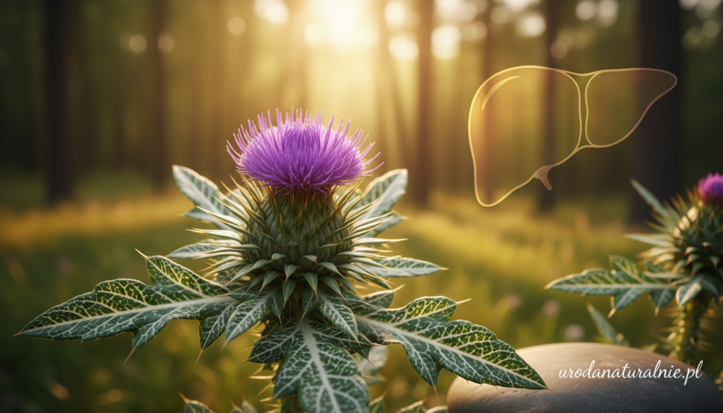 Ostropest plamisty, known for its vibrant purple thistle-like flowers and distinctive green leaves marked with white veins, should be central to the image, placed prominently in the foreground with a soft focus on the leaves. In the middle ground, incorporate a blurred representation of a serene landscape, hinting at natural healing, perhaps with soft sunlight filtering through trees, symbolizing vitality. In the background, a hint of a healthy liver motif can be subtly suggested, echoing the theme of liver health and skin appearance. Use warm, inviting lighting to enhance the mood of rejuvenation and health. The image should capture the essence of natural beauty and wellness, reflecting the subject matter with elegance. Include the brand name "urodanaturalnie.pl" discreetly integrated into the composition. Ostropest plamisty, known for its vibrant purple thistle-like flowers and distinctive green leaves marked with white veins, should be central to the image, placed prominently in the foreground with a soft focus on the leaves. In the middle ground, incorporate a blurred representation of a serene landscape, hinting at natural healing, perhaps with soft sunlight filtering through trees, symbolizing vitality. In the background, a hint of a healthy liver motif can be subtly suggested, echoing the theme of liver health and skin appearance. Use warm, inviting lighting to enhance the mood of rejuvenation and health. The image should capture the essence of natural beauty and wellness, reflecting the subject matter with elegance. Include the brand name "urodanaturalnie.pl" discreetly integrated into the composition.