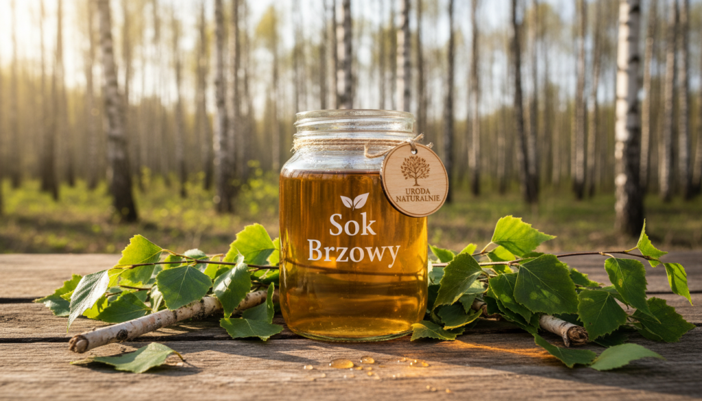 Sok brzozy beautifully displayed in a glass jar surrounded by fresh birch leaves and twigs. In the foreground, focus on the translucent liquid glistening in the soft, natural light, showcasing its golden hue. The middle ground features a rustic wooden table, enhancing the organic feel of the scene, while scattered birch leaves add texture. In the background, a serene forest setting with soft-focus birch trees creates a tranquil atmosphere. The lighting is warm and inviting, reminiscent of a sunny spring day, highlighting the freshness of nature. The entire composition should evoke a sense of health and wellness, suitable for a nature-inspired lifestyle. Branding elements subtly integrated, inspired by urodanaturalnie.pl.