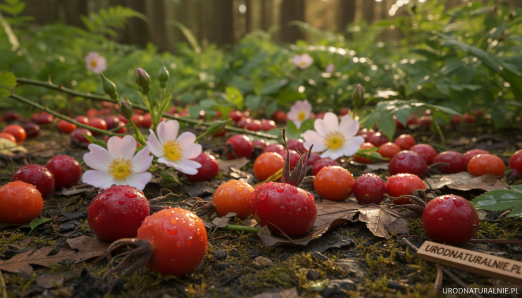 Vibrant wild rose hips scattered on a natural forest floor, showcasing their rich red-orange color against the earthy browns and greens. In the foreground, large, dewy fruits glisten in the soft morning light, emphasizing their texture and details. The middle ground features elegant wild rose flowers in full bloom, their delicate petals complementing the hips, while a backdrop of lush greenery and blurred leaves creates depth. The scene is illuminated by warm, dappled sunlight that filters through the foliage, enhancing the serene and peaceful atmosphere. Capture the essence of wild nature, celebrating the harmony of the wild rose and its precious gifts. Ideal for urodnaturalnie.pl.