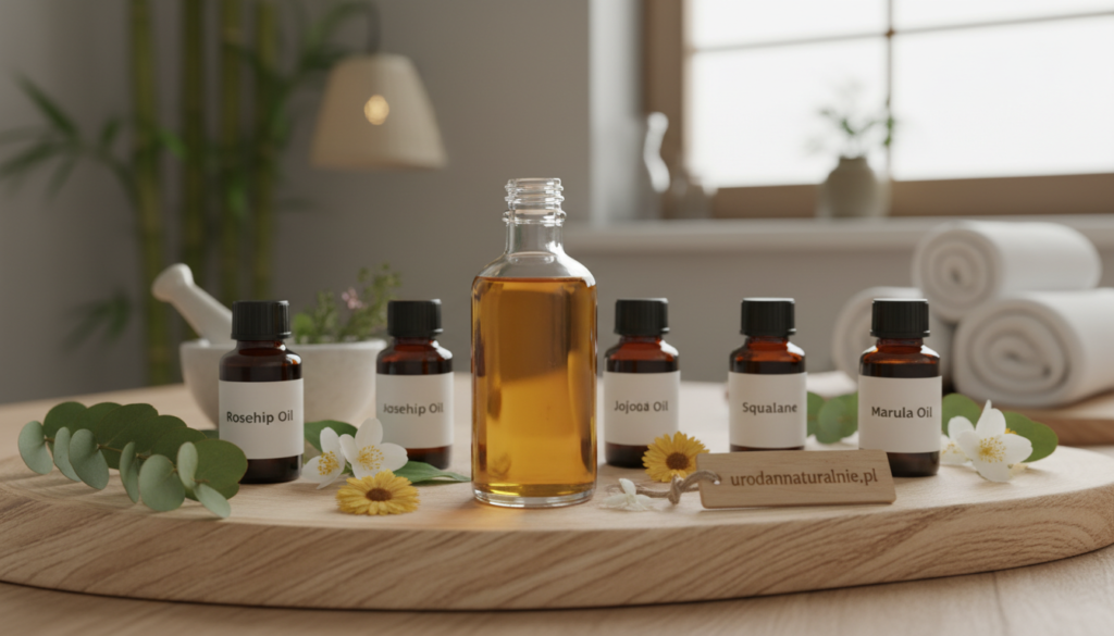 A beautiful selection of lightweight, drying oils displayed elegantly on a wooden surface. In the foreground, a clear glass bottle showcases golden-hued drying oil, reflecting soft, natural light. Around it are small, labeled jars filled with various essential oils, their dark colors contrasting with the clear glass. In the middle ground, vibrant green leaves and delicate flowers add a touch of nature, symbolizing the organic origins of these oils. In the background, a softly blurred serene spa setting enhances the calming atmosphere, with gentle lighting creating a warm glow. The mood is soothing and inviting, emphasizing natural beauty and skincare. Brand name featured subtly, "urodanaturalnie.pl". A beautiful selection of lightweight, drying oils displayed elegantly on a wooden surface. In the foreground, a clear glass bottle showcases golden-hued drying oil, reflecting soft, natural light. Around it are small, labeled jars filled with various essential oils, their dark colors contrasting with the clear glass. In the middle ground, vibrant green leaves and delicate flowers add a touch of nature, symbolizing the organic origins of these oils. In the background, a softly blurred serene spa setting enhances the calming atmosphere, with gentle lighting creating a warm glow. The mood is soothing and inviting, emphasizing natural beauty and skincare. Brand name featured subtly, "urodanaturalnie.pl".