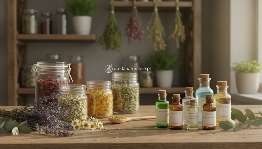 A beautifully arranged collection of herbs and natural extracts, showcasing a variety of dried leaves, vibrant flowers, and essential oils in glass bottles. In the foreground, include sprigs of lavender, chamomile, and eucalyptus, artfully displayed on a rustic wooden table. The middle ground features clear glass jars filled with various herbal infusions, with a small wooden spoon resting beside them. In the background, softly blurred shelves lined with more jars and greenery create a serene atmosphere. The lighting is warm and inviting, mimicking the glow of natural sunlight filtering through a window, and the overall mood is soothing and organic. This scene captures the essence of natural beauty products under the brand "urodanaturalnie.pl".