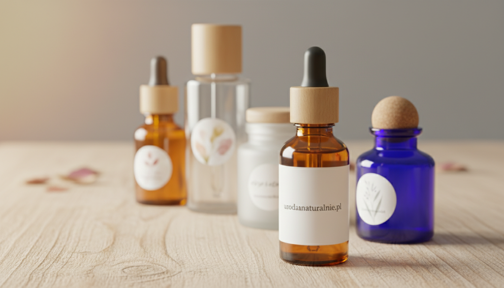 A beautifully arranged display of facial oil packaging, showcasing a variety of sleek glass bottles and eco-friendly containers. In the foreground, a close-up of a high-quality amber glass bottle with a dropper, labeled "urodanaturalnie.pl," capturing the luxurious essence of the product. The middle ground features an elegant lineup of different oils, each uniquely shaped, with some adorned with natural wood caps. Soft, warm lighting illuminates the scene, creating a captivating glow that enhances the textures and colors of the packaging. The background consists of a blurred, light-colored wooden surface, subtly hinting at a serene, organic aesthetic. The overall mood is refined and inviting, emphasizing the importance of quality in oil selection for various skin types. A beautifully arranged display of facial oil packaging, showcasing a variety of sleek glass bottles and eco-friendly containers. In the foreground, a close-up of a high-quality amber glass bottle with a dropper, labeled "urodanaturalnie.pl," capturing the luxurious essence of the product. The middle ground features an elegant lineup of different oils, each uniquely shaped, with some adorned with natural wood caps. Soft, warm lighting illuminates the scene, creating a captivating glow that enhances the textures and colors of the packaging. The background consists of a blurred, light-colored wooden surface, subtly hinting at a serene, organic aesthetic. The overall mood is refined and inviting, emphasizing the importance of quality in oil selection for various skin types.