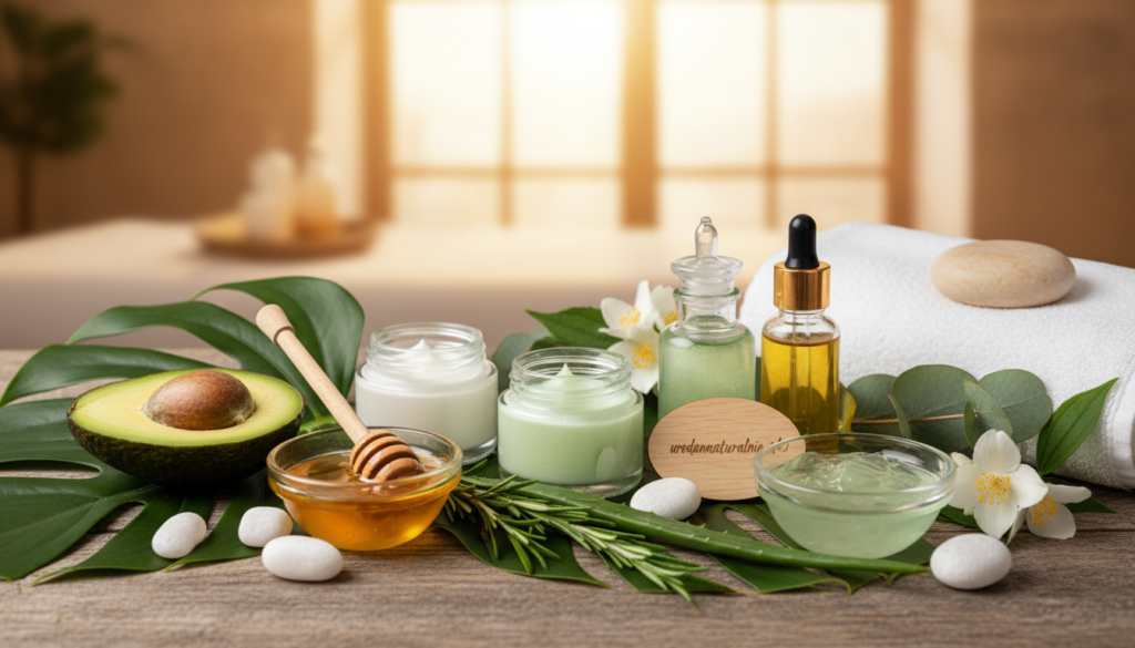 A beautifully arranged flat lay composition showcasing trendy natural skincare ingredients. The foreground features a selection of vibrant, fresh ingredients like avocado, honey, and aloe vera gel artfully placed on a rustic wooden surface. In the middle ground, there are elegant glass jars filled with creamy moisturizers and serums showcasing their natural textures, surrounded by lush green leaves and delicate white flowers. The background presents a soft, blurred view of a serene, sunlit spa setting with warm, golden lighting, evoking a calming atmosphere. Capture the image with a shallow depth of field for a delicate touch and ensure no text or logos appear. Incorporate the brand name "urodanaturalnie.pl" subtly within the scene, enhancing the focus on the ingredients while maintaining an elegant and professional look.