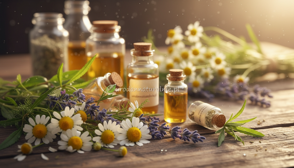 A close-up arrangement of natural herbs known to help with acne, such as chamomile, lavender, and witch hazel, beautifully displayed on a rustic wooden table. In the foreground, vibrant green leaves and delicate flowers are interspersed among small glass jars containing essential oils and dried herbs. The middle layer features a softly lit background with blurred herbal plants, creating a natural ambiance. Sunlight filters through, casting warm, inviting shadows that enhance the earthy tones. The mood is serene and healing, evoking a sense of wellness and natural beauty. This image should have a high depth of field, shot with a macro lens to capture the intricate details of the herbs, reflecting the brand "urodanaturalnie.pl".
