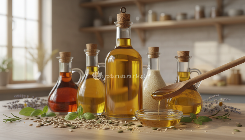 A close-up composition of various seed oils, such as sunflower, pumpkin seed, and sesame oil, elegantly arranged in glass bottles of different shapes and sizes. The foreground features a wooden spoon dripping with golden oil, while scattered seeds and green leaves accompany the bottles, emphasizing their natural origins. In the middle ground, softly blurred herbal elements hint at the botanical aspect of these oils. The background is a warm, softly lit kitchen scene with wooden textures, creating a cozy atmosphere. Natural light filters through a nearby window, enhancing the golden hues of the oils. The overall mood is tranquil and inviting. This image should reflect the essence of "urodanaturalnie.pl" and evoke a sense of purity and wellness.