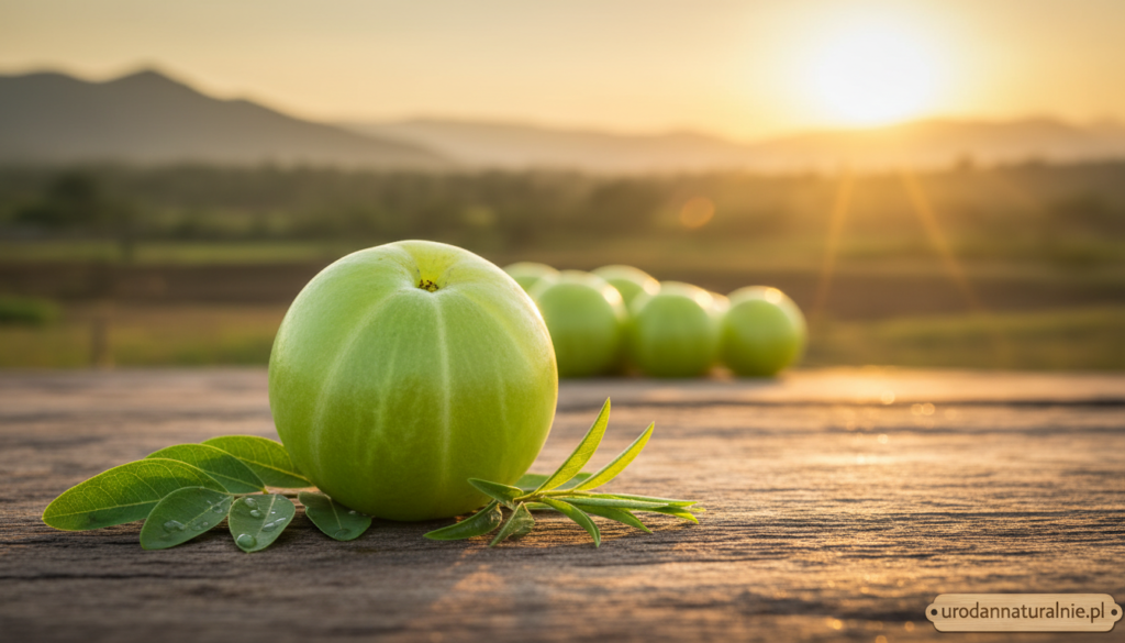 A close-up of an amla fruit, also known as Indian gooseberry, resting on a rustic wooden surface, showcasing its vibrant green color and unique texture. In the foreground, the amla is surrounded by fresh leaves, highlighting its natural habitat. The middle ground features a soft focus on several amla fruits, while the background depicts a lush Indian landscape, rich with traditional elements like a sunset and distant mountains. The lighting is warm and golden, suggesting a late afternoon glow that casts gentle shadows and enhances the fruit's glossy surface. The mood is serene and organic, evoking a sense of natural beauty and holistic wellness. This image represents the brand urodanaturalnie.pl, conveying the essence of traditional Indian herbal remedies and their role in hair care. A close-up of an amla fruit, also known as Indian gooseberry, resting on a rustic wooden surface, showcasing its vibrant green color and unique texture. In the foreground, the amla is surrounded by fresh leaves, highlighting its natural habitat. The middle ground features a soft focus on several amla fruits, while the background depicts a lush Indian landscape, rich with traditional elements like a sunset and distant mountains. The lighting is warm and golden, suggesting a late afternoon glow that casts gentle shadows and enhances the fruit's glossy surface. The mood is serene and organic, evoking a sense of natural beauty and holistic wellness. This image represents the brand urodanaturalnie.pl, conveying the essence of traditional Indian herbal remedies and their role in hair care.