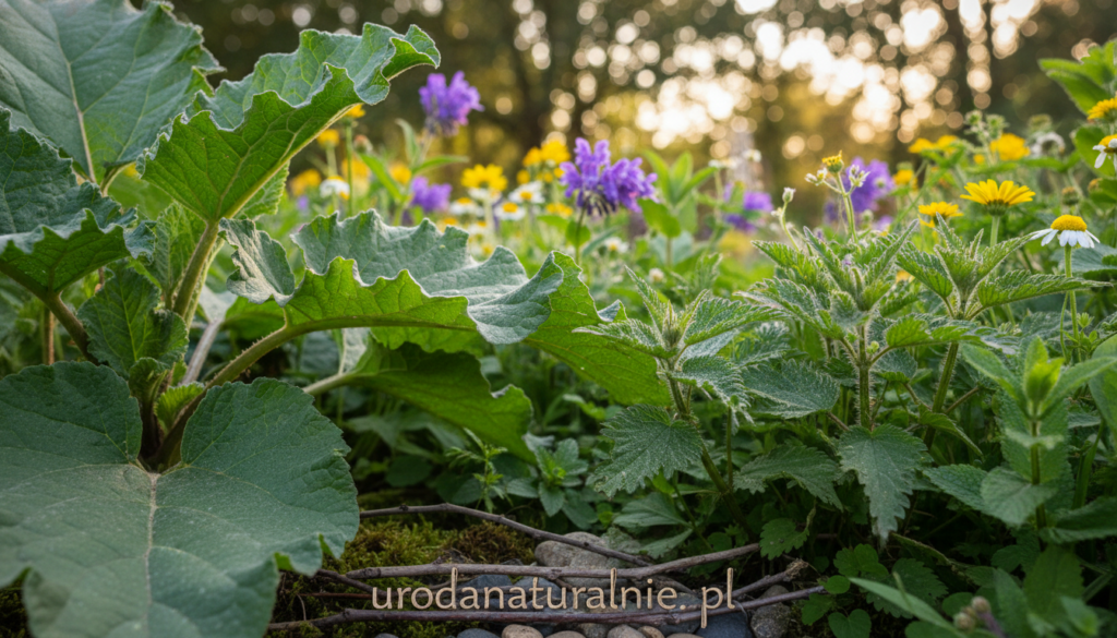 A close-up of burdock (łopian) and nettle (pokrzywa) leaves, showcasing their rich green colors and unique textures. The foreground features large, robust burdock leaves with serrated edges, layered next to delicate nettle leaves with tiny, fine hairs glistening in the light. In the middle ground, incorporate softly blurred wildflowers and herbs to provide a natural context. The background should be a softly illuminated garden setting, with dappled sunlight filtering through tree branches, creating a tranquil and refreshing atmosphere. Use a macro lens effect to highlight the intricate details of the leaves and enhance the vibrant colors. Capture a serene and healing mood, suggesting natural remedies and holistic care. Include the brand name "urodanaturalnie.pl" artistically integrated into the scene as part of nature's design, ensuring no text overlays or captions disrupt the image.