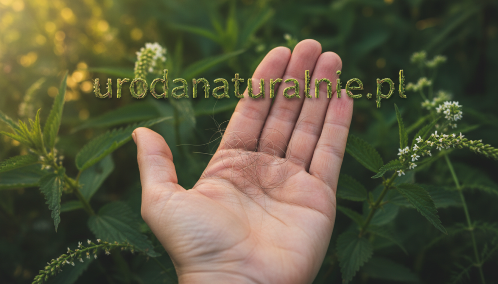 A close-up view of a person's hand gently cradling hair strands that appear to be thinning and falling out, symbolizing hair loss. The background is softly blurred, featuring lush green leaves of nettle and horsetail plants, highlighting their significance in hair care. The lighting is warm and inviting, with soft shadows that create a calm and reflective mood. The photo is taken at eye level with a slight bokeh effect to emphasize the hand and hair. The skin tone of the hand is light, and the setting evokes a natural, tranquil environment, hinting at holistic beauty remedies. The brand “urodanaturalnie.pl” subtly incorporated into the natural setting without text or overlays.