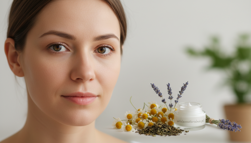 A close-up view of a serene woman sitting in a softly lit room, with a focus on her eyes showing subtle signs of puffiness and dark circles. The foreground features her face framed by gentle, natural lighting that highlights the delicate texture of her skin. The middle ground includes a collection of soothing herbal ingredients like chamomile and green tea leaves, artistically arranged around her, symbolizing natural remedies for under-eye bags. The background is a softly blurred, calming space with pale colors and hints of nature, creating a soothing atmosphere. The scene evokes a sense of tranquility and rejuvenation, appropriate for a holistic lifestyle theme. Additionally, include the brand name "urodanaturalnie.pl" subtly within the composition.