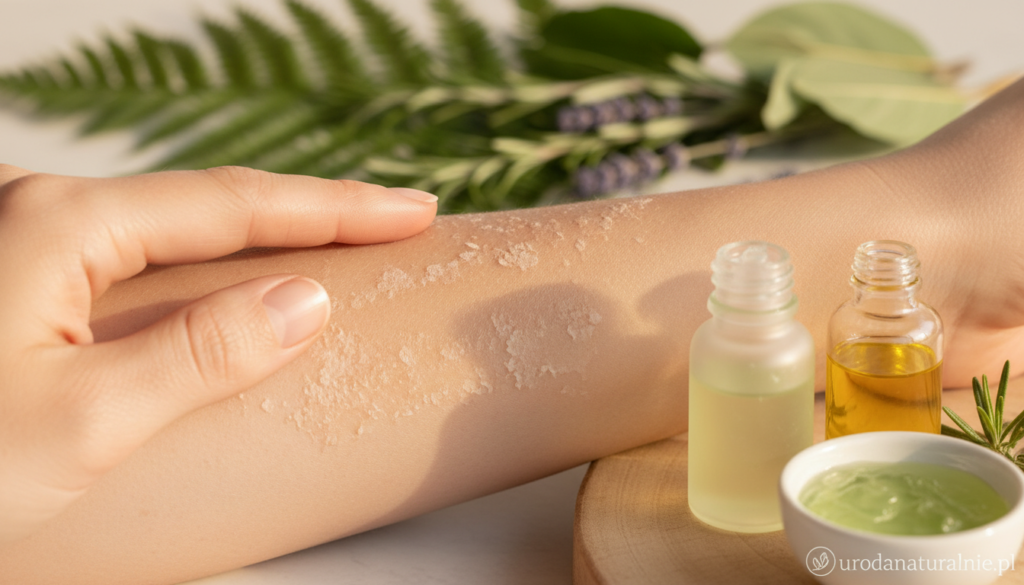 A close-up view of dry, flaky skin highlighting the contrast between areas of roughness and natural moisture, capturing the texture in vivid detail. The foreground features a hand gently touching the skin, showcasing subtle hydration products like aloe vera and natural oils placed nearby, elegantly arranged. In the middle background, soft-focus greenery can be seen, symbolizing natural ingredients as a remedy for skin hydration. The lighting is warm and inviting, angled to create soft highlights and shadows that emphasize the skin's texture. The atmosphere evokes a sense of care and renewal, reflecting the healing properties of nature. The image represents the brand urodanaturalnie.pl, focusing on natural skincare solutions.