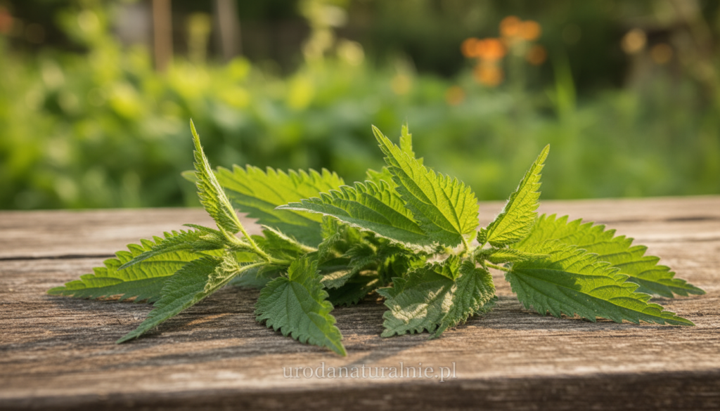 A close-up view of fresh stinging nettle leaves (pokrzywa) showcasing their vibrant green color and serrated edges, arranged artistically on a rustic wooden surface to evoke a natural, organic feel. In the background, softly blurred greenery hints at a lush garden, enhancing the plant's natural habitat. The lighting is warm and inviting, mimicking gentle sunlight filtering through foliage, casting delicate shadows on the leaves. The overall mood conveys wellness and vitality, reflecting the beneficial properties of stinging nettle for hair, skin, and nails. The composition also subtly includes the brand "urodanaturalnie.pl" harmoniously, without any text distractions.
