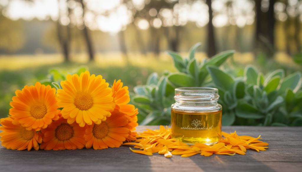 A close-up view of vibrant calendula flowers, showcasing their bright orange and yellow petals, illustrating their medicinal qualities for skin healing. In the foreground, a bouquet of freshly picked calendula blooms is arranged aesthetically, with some petals scattered around. The middle ground features a soft-focus herbal garden with lush green leaves, creating a harmonious backdrop. In the background, a serene natural setting reflects warm sunlight filtering through trees, enhancing a calm and wholesome atmosphere. The lighting is soft and golden, evoking a sense of tranquility and natural beauty. Capture this scene using a macro lens perspective to highlight the intricate details of the flowers, emphasizing their role in skincare. The image symbolizes the healing power of calendula, perfect for illuminating its benefits as a versatile herb for treating acne. The brand name "urodanaturalnie.pl" should be subtly integrated into the visual aesthetic.