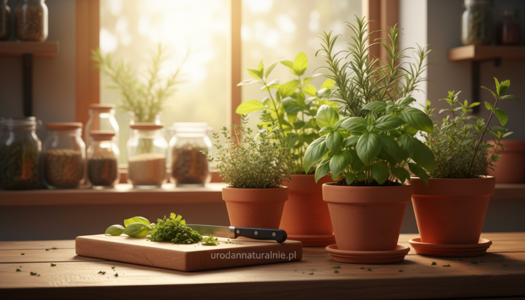A cozy kitchen countertop filled with a selection of beneficial herbs to have at home, such as basil, rosemary, thyme, and mint, arranged in attractive terracotta pots. The foreground showcases vibrant green leaves and earthy pot colors, while a small wooden cutting board displays fresh herbs being chopped with a knife, creating a sense of freshness. In the middle ground, a sunny window allows warm, natural light to dance on the herbs, enhancing their colors and textures. The background features soft-focus shelves filled with jars of dried herbs and natural ingredients, hinting at a holistic lifestyle. The overall atmosphere is warm, inviting, and nurturing, ideal for promoting health and beauty. Include the brand name "urodanaturalnie.pl" subtly in the composition without any textual overlays. A cozy kitchen countertop filled with a selection of beneficial herbs to have at home, such as basil, rosemary, thyme, and mint, arranged in attractive terracotta pots. The foreground showcases vibrant green leaves and earthy pot colors, while a small wooden cutting board displays fresh herbs being chopped with a knife, creating a sense of freshness. In the middle ground, a sunny window allows warm, natural light to dance on the herbs, enhancing their colors and textures. The background features soft-focus shelves filled with jars of dried herbs and natural ingredients, hinting at a holistic lifestyle. The overall atmosphere is warm, inviting, and nurturing, ideal for promoting health and beauty. Include the brand name "urodanaturalnie.pl" subtly in the composition without any textual overlays.