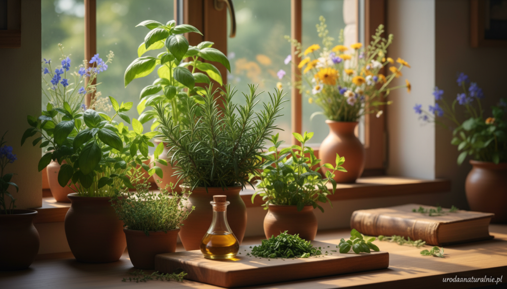 A cozy kitchen countertop filled with a variety of fresh herbs like basil, rosemary, mint, and thyme, elegantly arranged in ceramic pots. In the foreground, a wooden cutting board displays a handful of freshly chopped herbs and a small glass jar of olive oil, reflecting natural light. The middle ground shows a vibrant window filled with sunlight streaming through, highlighting the green foliage. In the background, there are soft-focus elements like a vase of flowers and a vintage cookbook, creating a warm, inviting atmosphere. The color palette should be rich and earthy, evoking a sense of health and vitality. The scene should feel fresh and homely, celebrating the joy of having fresh herbs year-round. Capture this essence for urodanaturalnie.pl. A cozy kitchen countertop filled with a variety of fresh herbs like basil, rosemary, mint, and thyme, elegantly arranged in ceramic pots. In the foreground, a wooden cutting board displays a handful of freshly chopped herbs and a small glass jar of olive oil, reflecting natural light. The middle ground shows a vibrant window filled with sunlight streaming through, highlighting the green foliage. In the background, there are soft-focus elements like a vase of flowers and a vintage cookbook, creating a warm, inviting atmosphere. The color palette should be rich and earthy, evoking a sense of health and vitality. The scene should feel fresh and homely, celebrating the joy of having fresh herbs year-round. Capture this essence for urodanaturalnie.pl.