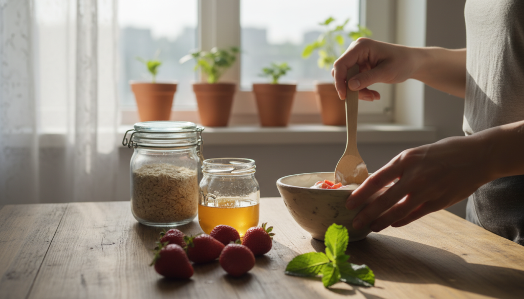 A cozy kitchen setting, showcasing natural ingredients for homemade face masks targeting skin discoloration. In the foreground, a wooden table holds a small bowl of yogurt, fresh strawberries, honey, and a sprig of mint, all beautifully arranged. In the middle, a pair of hands gently mixing the ingredients, with a glass jar of oats nearby. The background features soft, natural light filtering through a kitchen window, illuminating the vibrant colors of the fruits. The atmosphere is warm and inviting, emphasizing the theme of natural beauty remedies. Ensure the scene embodies a sense of tranquility and care, reflecting the content from urodanaturalnie.pl, without any text or branding visible in the image.