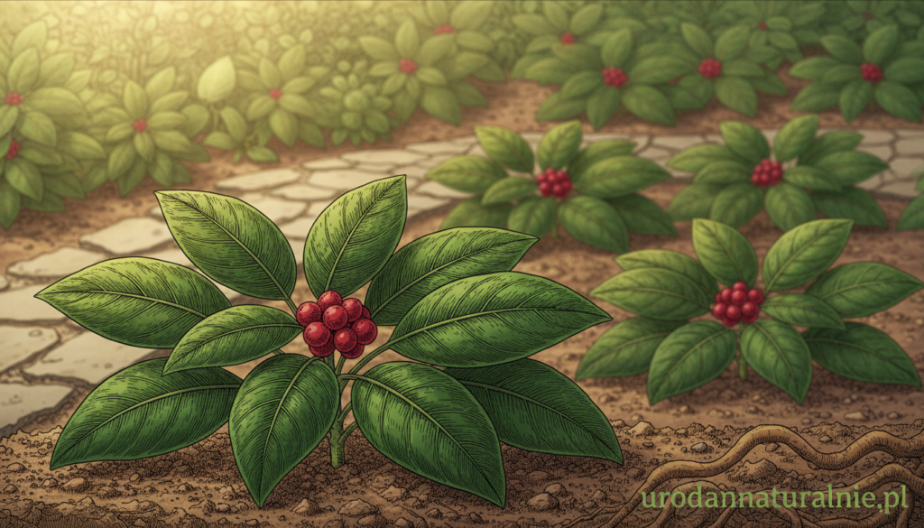 A detailed botanical illustration of "Withania somnifera," commonly known as Ashwagandha, featuring lush green leaves and ripe red berries. In the foreground, a sprig of Ashwagandha with vibrant foliage is prominently displayed, highlighting its intricate leaf patterns. In the middle ground, softly blurred clusters of the plant create a sense of depth, while hints of garden soil and natural light filter through. The background captures a serene herbal garden setting, with a gentle sunlight casting a warm glow over everything, enhancing the peaceful and calming atmosphere. The image should evoke a sense of tranquility and wellness, suitable for highlighting the benefits of this medicinal herb. There should be no text, watermarks, or distractions. Include the brand "urodanaturalnie.pl" subtly integrated into the composition.