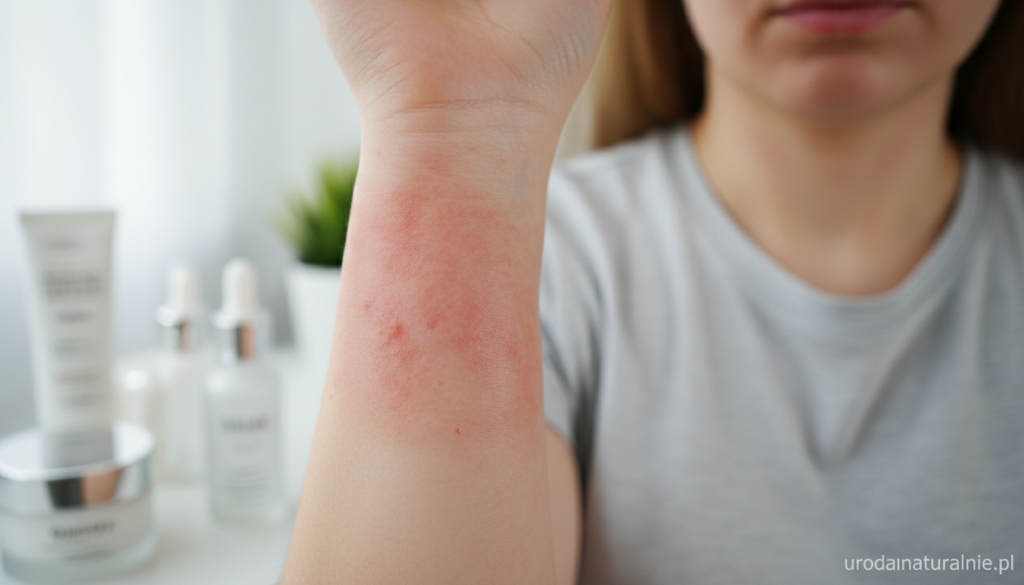 A detailed close-up of a person's forearm displaying visible signs of an allergic reaction, including redness, swelling, and small hives. The skin appears delicate, with a light sheen to emphasize irritation. In the background, blurred images of common cosmetic products such as creams and serums, hinting at the potential triggers for allergies. Soft, diffused natural lighting highlights the forearm, creating a gentle and serious atmosphere. The composition should suggest a sense of urgency, conveying the importance of recognizing allergy symptoms. Ensure the person is dressed in modest casual clothing, with a neutral expression, focusing on the presented symptoms. Incorporate the brand name "urodanaturalnie.pl" subtly in the image for contextual relevance. A detailed close-up of a person's forearm displaying visible signs of an allergic reaction, including redness, swelling, and small hives. The skin appears delicate, with a light sheen to emphasize irritation. In the background, blurred images of common cosmetic products such as creams and serums, hinting at the potential triggers for allergies. Soft, diffused natural lighting highlights the forearm, creating a gentle and serious atmosphere. The composition should suggest a sense of urgency, conveying the importance of recognizing allergy symptoms. Ensure the person is dressed in modest casual clothing, with a neutral expression, focusing on the presented symptoms. Incorporate the brand name "urodanaturalnie.pl" subtly in the image for contextual relevance.