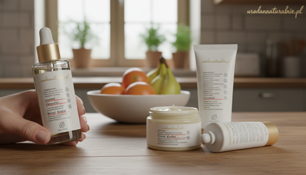 A detailed close-up of a product label featuring allergen markings, emphasizing clarity and visual appeal. The foreground displays a hand holding a beauty product with a clear, informative ingredient list, highlighting ingredients known to cause allergies. The middle layer features a well-lit tabletop with complementary products, focusing on their labels. The background showcases a softly blurred kitchen setting, enhancing a natural and healthy atmosphere. The lighting is warm and inviting, with a soft focus on the product tags to draw attention to the allergen indicators. In one corner, subtly include the brand name “urodanaturalnie.pl” in a stylish font. The overall mood conveys safety, awareness, and professionalism, making it suitable for readers looking to understand allergen labeling in products. A detailed close-up of a product label featuring allergen markings, emphasizing clarity and visual appeal. The foreground displays a hand holding a beauty product with a clear, informative ingredient list, highlighting ingredients known to cause allergies. The middle layer features a well-lit tabletop with complementary products, focusing on their labels. The background showcases a softly blurred kitchen setting, enhancing a natural and healthy atmosphere. The lighting is warm and inviting, with a soft focus on the product tags to draw attention to the allergen indicators. In one corner, subtly include the brand name “urodanaturalnie.pl” in a stylish font. The overall mood conveys safety, awareness, and professionalism, making it suitable for readers looking to understand allergen labeling in products.