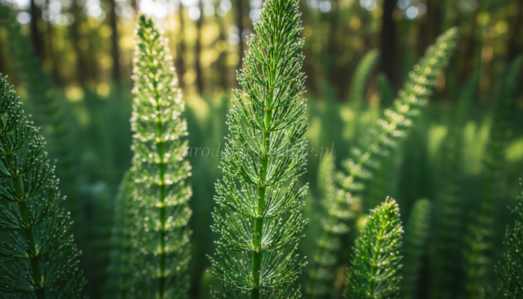 A detailed close-up of vibrant green horsetail plants (Equisetum) showcasing their unique, segmented textures and mineral-rich fibers, with silvery, glistening silica particles subtly highlighted to represent "krzem". In the foreground, a single horsetail stem stands out, its details in sharp focus, while blurred horsetail foliage creates a soft backdrop. Natural sunlight filters through a lush forest canopy, casting dappled light across the scene to create an invigorating mood. The atmosphere is one of vitality and natural beauty, evoking a sense of health and wellness. The image should emphasize the active ingredients and their benefits, fitting for a professional context, with no text or logos present except for a faint mention of "urodanaturalnie.pl" subtly integrated into the background.