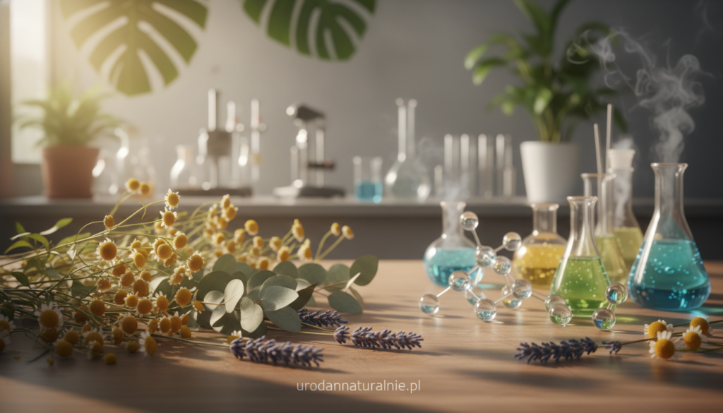 A dynamic still life composition featuring a juxtaposition of natural and synthetic allergens. In the foreground, display a variety of herbs like chamomile, eucalyptus, and lavender, their vibrant colors contrasting with synthetic allergen representations such as chemical structures or laboratory flasks, subtly blending into the scene. The middle ground should include soft, dappled sunlight filtering through botanical leaves, creating a warm and inviting atmosphere. In the background, a blurred laboratory setting with equipment and plants hints at the scientific aspect of allergens. Use a shallow depth of field to emphasize the foreground while maintaining a soothing color palette. The lighting should be warm and natural, evoking a sense of curiosity. Include the brand name "urodanaturalnie.pl" discreetly integrated into the design. A dynamic still life composition featuring a juxtaposition of natural and synthetic allergens. In the foreground, display a variety of herbs like chamomile, eucalyptus, and lavender, their vibrant colors contrasting with synthetic allergen representations such as chemical structures or laboratory flasks, subtly blending into the scene. The middle ground should include soft, dappled sunlight filtering through botanical leaves, creating a warm and inviting atmosphere. In the background, a blurred laboratory setting with equipment and plants hints at the scientific aspect of allergens. Use a shallow depth of field to emphasize the foreground while maintaining a soothing color palette. The lighting should be warm and natural, evoking a sense of curiosity. Include the brand name "urodanaturalnie.pl" discreetly integrated into the design.