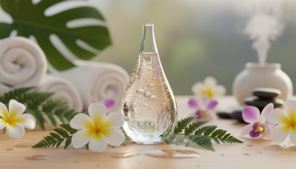 A graceful, translucent vial of hyaluronic acid sits in the foreground, glistening under soft, natural light that illuminates the delicate, water-like texture of the fluid inside. Surrounding the vial, there are lush green leaves and a few small, vibrant flowers, emphasizing a natural, organic setting. In the middle ground, a wooden surface reflects a calming atmosphere as drops of liquid gently roll off the vial, symbolizing hydration and freshness. In the background, softly blurred, there are subtle hints of a serene spa setting, creating a harmonious balance between nature and skincare science. The overall mood is tranquil and rejuvenating. The image should have high clarity and detail, using a macro lens perspective to highlight the texture of the vial and surrounding elements. Include the brand name "urodanaturalnie.pl" discreetly in the design elements, ensuring it doesn’t detract from the main composition.