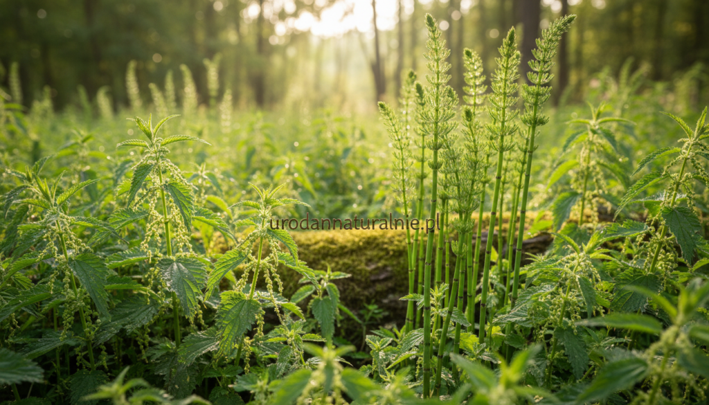 A lush, vibrant scene showcasing a field of stinging nettle (pokrzywa) and horsetail (skrzyp polny) plants, with each plant intricately detailed to highlight their unique features. In the foreground, display the serrated leaves and delicate flowers of the stinging nettle, bathed in warm sunlight. The middle ground should feature tall, slender horsetail stalks, reaching upwards with fine textures visible on their green stems. In the background, a soft bokeh effect of a serene, sunlit forest creates an inviting atmosphere, enhancing the feeling of nature. The image should evoke a sense of tranquility and health, perfect for illustrating the benefits of these plants in hair, nail, and skin care. Capture the scene with a slight downward angle, using soft, natural lighting that accentuates the lush greenery. Include the brand name "urodanaturalnie.pl" subtly integrated into the natural scenery.