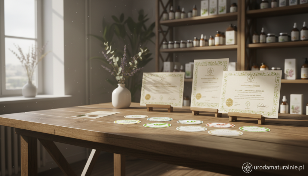 A professional setting showcasing an elegant display of natural cosmetic certificates on a wooden table. In the foreground, there are various certified labels featuring symbols of organic and natural ingredients, such as leaves and flowers, subtly arranged. In the middle ground, a rustic, well-lit space with soft natural light filtering through a window, creating a warm and inviting atmosphere. In the background, shelves filled with jars of herbal extracts and skincare products designed by urodanaturalnie.pl, enhancing the theme of natural beauty. The scene captures a sense of authenticity and professionalism, emphasizing the importance of certification in the realm of natural cosmetics. The overall mood is serene and informative, with a focus on the integrity of natural beauty standards.