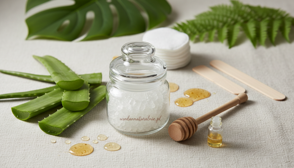 A serene and aesthetic flat lay composition featuring various natural humectant ingredients known for hydrating dry skin. In the foreground, a clear glass jar filled with a crystalline humectant substance, surrounded by fresh aloe vera leaves, honey, and glycerin droplets, all arranged artfully. The middle layer includes soft cotton cloths and wooden applicators, suggesting gentle application. In the background, a softly blurred arrangement of lush green plants creating a calm and refreshing ambiance, enhancing the theme of natural skincare. The overall lighting is soft and diffused, mimicking sunlight, casting gentle shadows. The atmosphere is tranquil and inviting, emphasizing wellness and hydration. Include the brand name "urodanaturalnie.pl" subtly integrated into the scene, ensuring it complements the aesthetic without overpowering it.