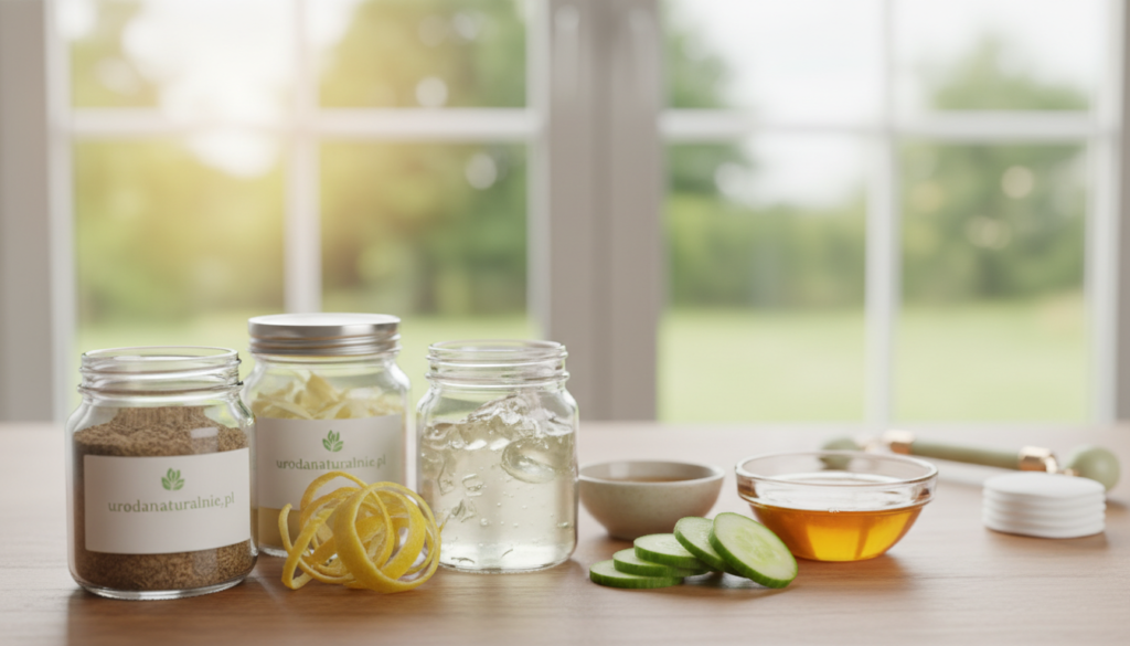A serene and informative scene depicting various natural ingredients that help address skin discoloration. In the foreground, an elegant wooden table displays carefully arranged jars filled with natural extracts such as licorice root, lemon zest, and aloe vera. A small bowl of honey and fresh cucumber slices enhance the composition. In the middle ground, a softly lit window reveals a green garden, symbolizing nature's healing properties, allowing gentle sunlight to filter through, casting a warm glow. In the background, blurred images of common skincare tools like a jade roller and cotton pads evoke a sense of beauty routine. The mood is calm and inviting, perfect for educating readers about skincare. The branding "urodanaturalnie.pl" is subtly depicted on one of the jars.