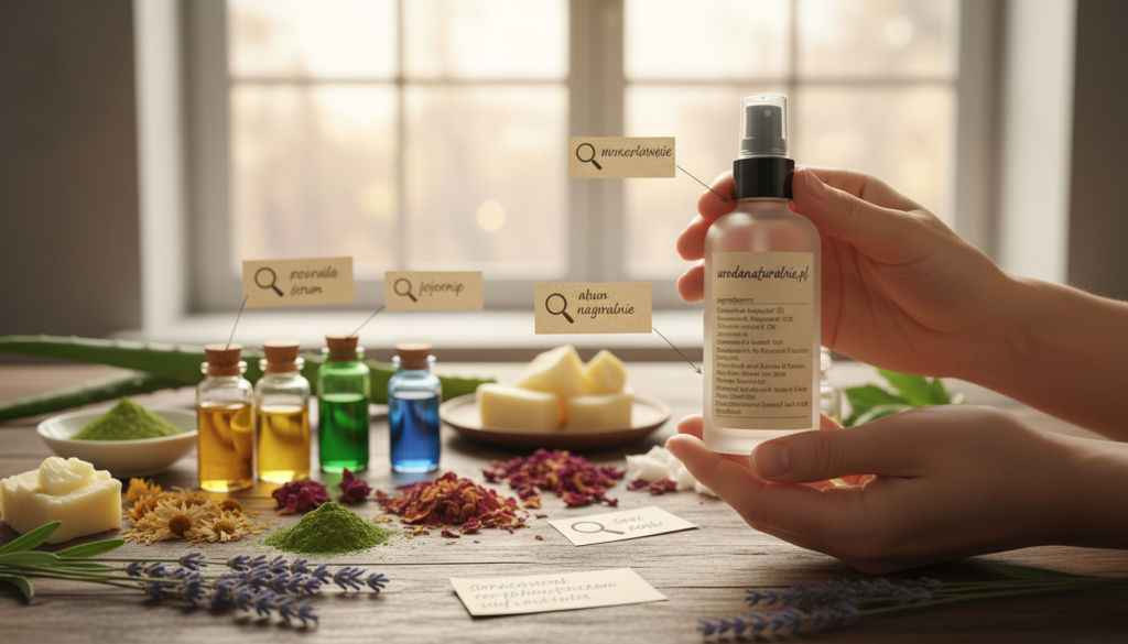 A serene and informative scene illustrating how to read the labels of natural cosmetics, set on a wooden table. In the foreground, a pair of hands gently holding a natural cosmetic bottle, displaying its ingredient list, surrounded by herbs and extracts like lavender, chamomile, and aloe vera. In the middle, a colorful array of natural ingredients like flowers, oils, and plants, creating a visually appealing layout that reflects the essence of natural beauty. The background includes soft, natural light streaming through a window, casting a warm glow over the entire scene. The atmosphere is calming and educational, inviting viewers to learn about natural cosmetics. The brand name "urodanaturalnie.pl" is subtly included in a tasteful label on the cosmetic bottle.