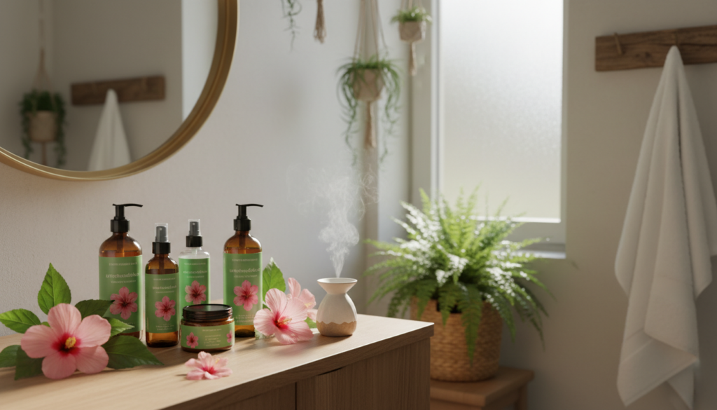 A serene and inviting bathroom scene, bathed in soft, natural light filtering through a frosted window. In the foreground, a wooden vanity holds various hair and scalp care products featuring hibiscus extracts, elegantly arranged with fresh hibiscus flowers and green leaves. A gentle mist from a diffuser adds a calming atmosphere. The middle ground shows a modern mirror reflecting a well-organized space with subtle touches of greenery. In the background, a plush towel hangs on a rustic hook, and a potted plant thrives in a cozy corner. The mood is relaxed and rejuvenating, perfect for a self-care ritual. The brand "urodanaturalnie.pl" is elegantly integrated into the product labels on the vanity. A serene and inviting bathroom scene, bathed in soft, natural light filtering through a frosted window. In the foreground, a wooden vanity holds various hair and scalp care products featuring hibiscus extracts, elegantly arranged with fresh hibiscus flowers and green leaves. A gentle mist from a diffuser adds a calming atmosphere. The middle ground shows a modern mirror reflecting a well-organized space with subtle touches of greenery. In the background, a plush towel hangs on a rustic hook, and a potted plant thrives in a cozy corner. The mood is relaxed and rejuvenating, perfect for a self-care ritual. The brand "urodanaturalnie.pl" is elegantly integrated into the product labels on the vanity.