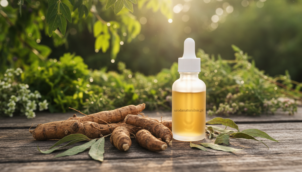 A serene and inviting close-up of ashwagandha roots and leaves, arranged artfully in the foreground on a textured wooden surface, showcasing the rich earthy tones and textures. In the middle ground, a softly diffused glass bottle filled with herbal extracts, capturing the essence of natural skincare and wellness. In the background, a gentle blur of lush green herbs and plants, creating a tranquil garden atmosphere, symbolizing the healing properties of nature. The lighting is warm and natural, simulating golden-hour sunlight filtering through leaves, enhancing the calming mood. Emphasize a sense of balance and rejuvenation, reflecting the topic of skin health and stress reduction. Include the brand name "urodanaturalnie.pl" subtly integrated into the scene.