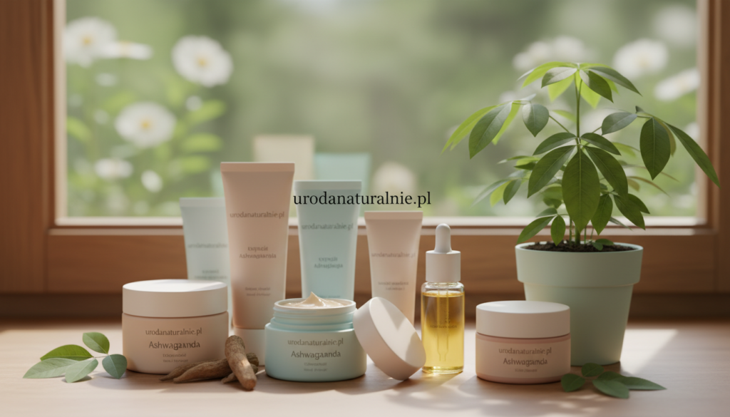 A serene and inviting composition featuring an assortment of skincare products infused with ashwagandha extract, elegantly displayed on a wooden vanity. The foreground showcases light, pastel-toned jars and bottles with delicate, minimalistic labels reading "urodanaturalnie.pl". The middle layer emphasizes soft, natural lighting that highlights the creamy textures and vibrant green hues of the ashwagandha plants beside the products. In the background, a softly blurred, tranquil botanical setting creates a calming atmosphere, reflecting the theme of stress relief for the skin. Use a shallow depth of field to focus on the products, while capturing a warm, peaceful ambiance that invites rejuvenation and self-care.
