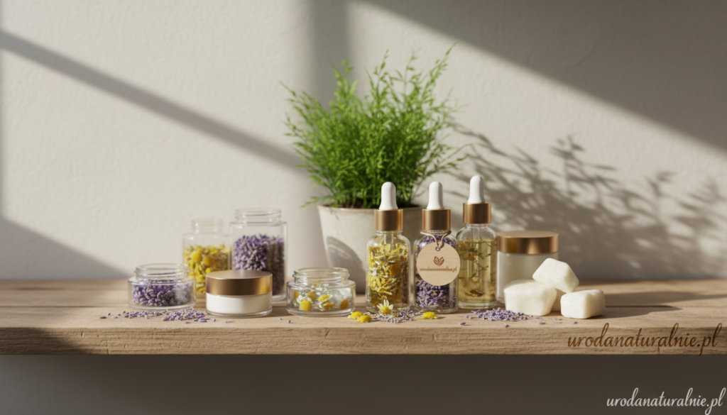 A serene and inviting display of natural cosmetics, arranged artfully on a rustic wooden shelf. In the foreground, elegant glass jars of creams and serums are filled with vibrant, organic ingredients like lavender, chamomile, and shea butter. The middle section features a lush green plant, symbolizing freshness and nature. In the background, soft, diffused sunlight filters through a nearby window, casting gentle shadows and creating a warm, calming atmosphere. The mood conveys health and natural beauty, inviting the viewer to explore the concept of natural cosmetics. The brand "urodanaturalnie.pl" subtly integrated into the scene, harmonizing with the earthy colors of the products and surrounding elements. A serene and inviting display of natural cosmetics, arranged artfully on a rustic wooden shelf. In the foreground, elegant glass jars of creams and serums are filled with vibrant, organic ingredients like lavender, chamomile, and shea butter. The middle section features a lush green plant, symbolizing freshness and nature. In the background, soft, diffused sunlight filters through a nearby window, casting gentle shadows and creating a warm, calming atmosphere. The mood conveys health and natural beauty, inviting the viewer to explore the concept of natural cosmetics. The brand "urodanaturalnie.pl" subtly integrated into the scene, harmonizing with the earthy colors of the products and surrounding elements.
