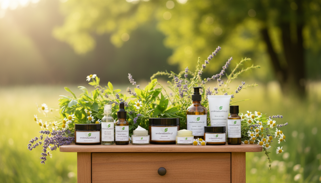 A serene and inviting display of natural cosmetics, featuring an array of products made from organic ingredients, such as plant extracts and essential oils. In the foreground, a stylish wooden vanity holds elegantly designed glass bottles labeled "urodanaturalnie.pl," showcasing various natural skincare items. The middle ground reveals lush green plants and fresh herbs like lavender and chamomile, emphasizing the botanical essence of the products. Soft, warm lighting bathes the scene, creating an inviting atmosphere. The background features a blurred natural landscape with hints of sunlight filtering through trees, enhancing the feeling of purity and nature. The overall mood should convey health, wellness, and the essence of natural beauty, ideal for illustrating a discussion on genuine natural ingredients in skincare.